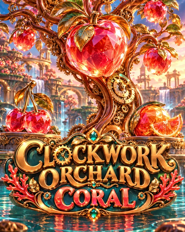 Clockwork Orchard · Coral premium slot artwork