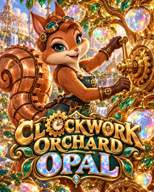 Clockwork Orchard · Opal premium slot artwork
