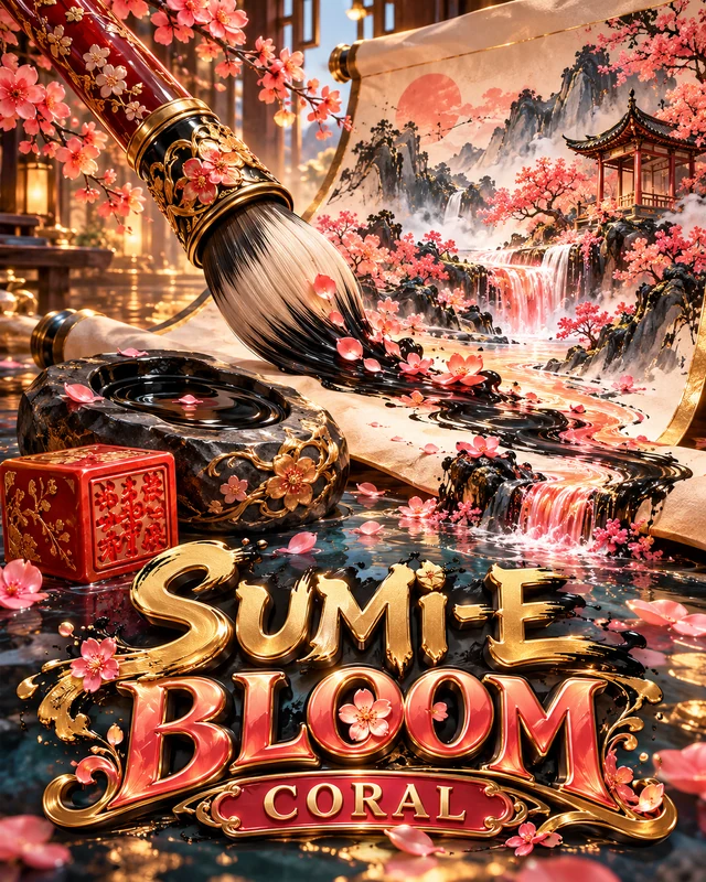 Sumi-e Bloom · Coral premium slot artwork